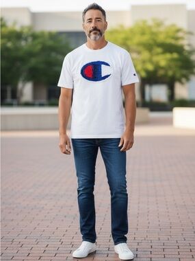 NEW, Champion, Big Logo T-Shirt White, Men Cotton Streetwear Graphic Tee, XL